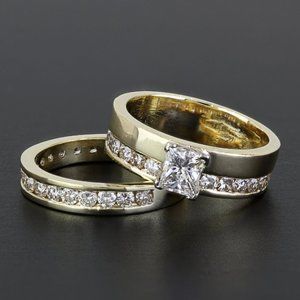 14k Yellow Gold Princess-cut Diamond Wedding Band / Engagement Ring Set